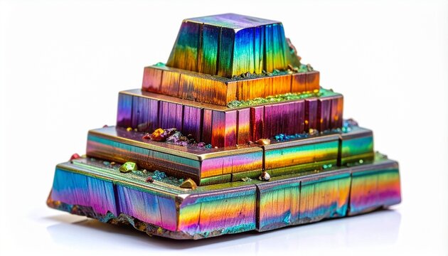 A stunning man-made Bismuth crystal displaying its characteristic iridescent tarnish and complex geometric hopper formation isolated on a white background