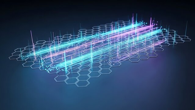 Dynamic visualization of high-speed data flow within an intricate hexagonal digital network, representing advanced information processing and futuristic technology