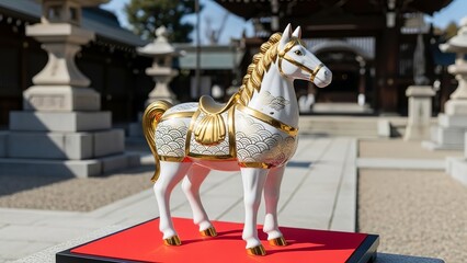 A decorative white horse statue with gold accents on a red platform outdoors