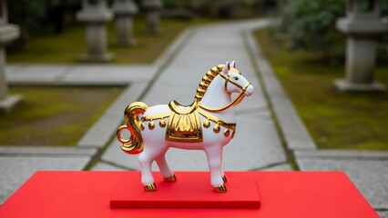 A white and gold horse figurine on a red platform in a japanese garden setting