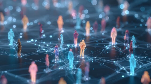 Social interaction event among digital avatars virtual environment 3d visualization futuristic concept - Powered by Adobe