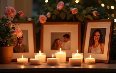 Candle lighting ceremony honoring a loved one in a tranquil setting with flowers and framed memories. High quality