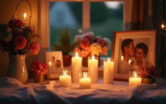 Candle lighting ceremony honoring a loved one in a tranquil setting with flowers and framed memories. High quality
