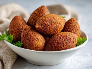 Golden Brown Kibbeh Balls Arranged Neatly in a White Bowl with Fresh Parsley Garnish
