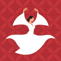 Whirling Dervish: A graceful silhouette of a whirling dervish in a white flowing robe, the dance of devotion against a patterned crimson background.