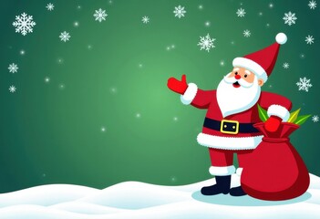 Merry Christmas and Happy New Year green background with cartoon Santa with bag of Christmas gifts and snow; card template with space for text