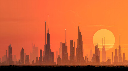 skyline at sunset, futuristic design
