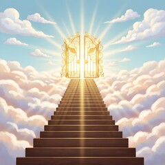 Ascending to Celestial Heights: A grand staircase leading to heavenly golden gates, bathed in ethereal light, beckoning one towards an unknown journey.