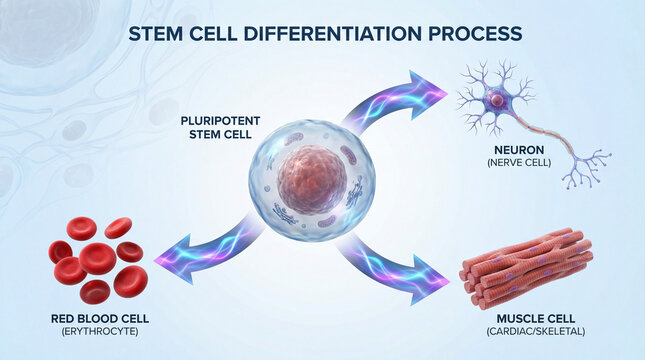 Medical and scientific concept of stem cell therapy and differentiation into specialized human cells like neurons, myocytes, and erythrocytes