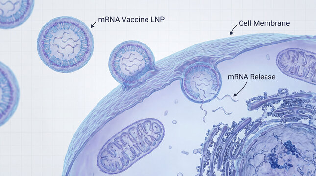 Biomedical visualization of a nanoparticle-based drug delivery system showing mRNA release inside a biological cell