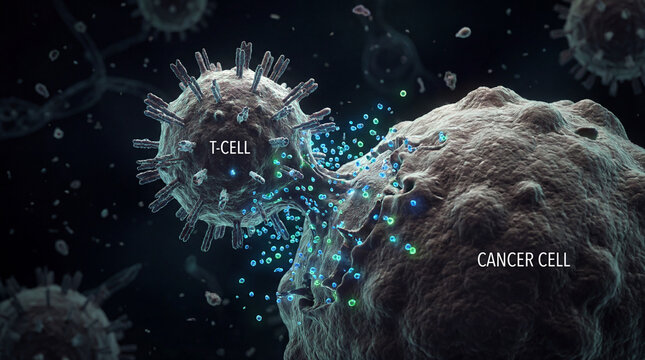 A scientific illustration of immunotherapy showing a T-lymphocyte destroying a malignant tumor cell on a microscopic level