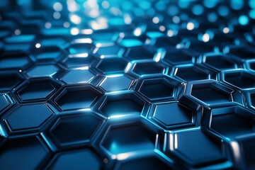 Fototapeta premium A highly detailed vector rendering of an abstract, futuristic honeycomb, hexagonal metallic structure with subtle chrome reflections and cool blue spotlights