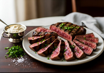 A perfectly grilled and sliced ribeye or sirloin steak, showing a beautiful medium-rare doneness with a prominent char from the grill marks.