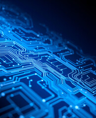 Abstract circuit board background, glowing microchip lines, blue neon and dark gradient, futuristic AI data network, clean minimal style.