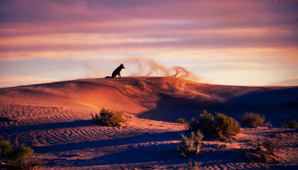 lone coyote sitting on glowing desert dunes at dramatic sunset sky