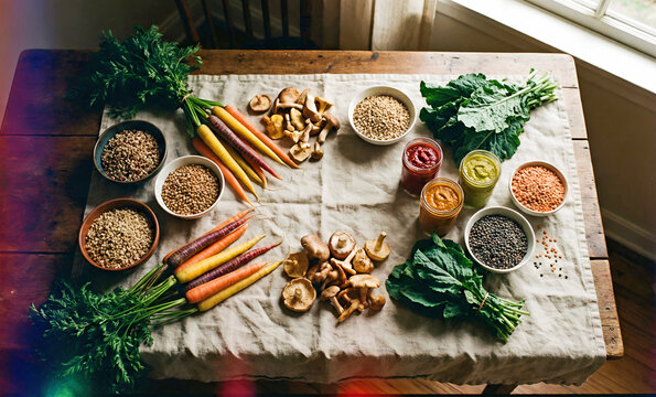 rustic overhead display of fresh vegetables grains lentils and colorful sauces - Powered by Adobe