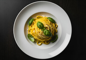 An overhead, elegant shot of a small, perfectly coiled portion of yellow pasta (likely Cacio e Pepe or Carbonara) presented in the center of a wide-rimmed white plate.