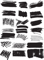 Assortment of Black Ink Brush Strokes and Scribbles on White Background Keywords: brush stroke, ink, black, scribble, grunge, texture, abstract, artistic