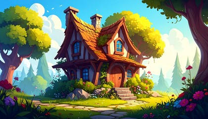 Whimsical Cottage Amidst Enchanting Woodlands Under a Serene Sky Artwork