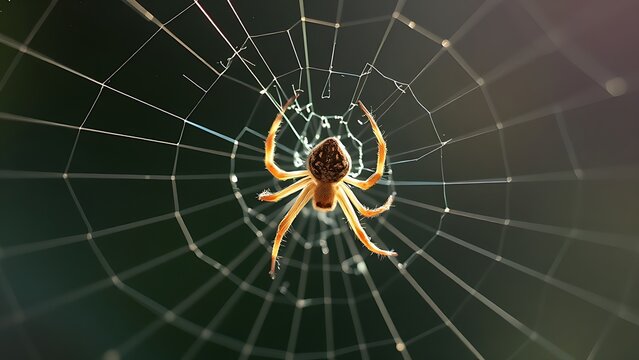 lemuria. A spider mending its intricate web with glistening threads in morning light. wildlife magazines, conservation campaigns, designed for eco-tourism storytelling, used by motion designers.
