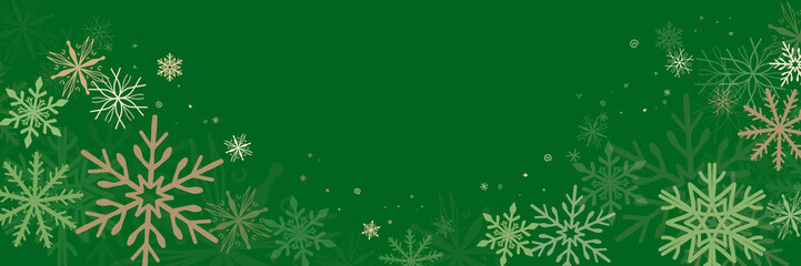 Luxury 1x3 horizontal festive banner for holidays decorated richly with bright green background and snowflakes and text space area