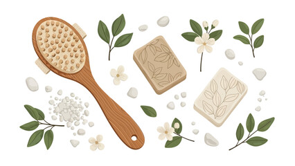 Serene spa essentials natural body brush, artisanal soaps, and fragrant botanical elements for relaxation and well-being