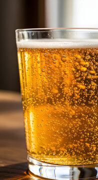 An extreme close-up of the upper half of a clear glass filled with a sparkling golden/amber beverage, likely beer, lager, or cider.