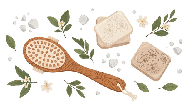 Exfoliating dry brush, natural soap, and delicate flowers for a holistic spa experience