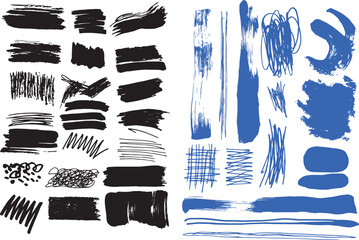 Collection of Black and Blue Ink Brush Strokes and Scribbles on White Background Keywords: brush stroke, ink, black, blue, scribble, grunge, texture