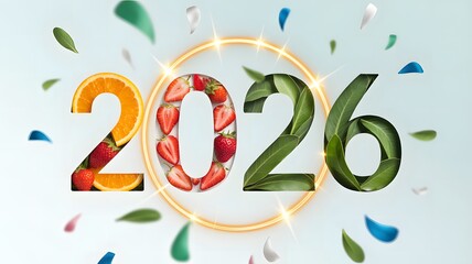 2026 new year made of fruits and leaves over white background illustration