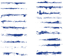 Collection of Blue Grunge Brush Stroke Lines and Splatters on White Background dirty