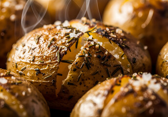 An extreme close-up of a steaming, hot baked or roasted potato, split open and generously seasoned with large flakes of sea salt, cracked pepper, and fresh rosemary/herbs.