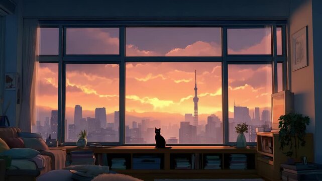 A cozy living room filled with warm light as the sun sets. A cat sits on the windowsill, watching clouds drift across the sky in a serene lo-fi animation