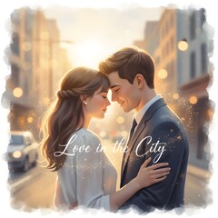 Love in the City: A tender moment unfolds as a couple embraces amidst the romantic glow of a city, a serene depiction of affection and connection.