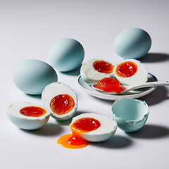 A creative still life featuring several whole blue-shelled duck eggs and several cut in half, revealing the striking, glistening, deep orange/red salted yolks.