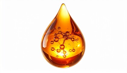 Glowing amber droplet with suspended molecular structures on dark background, evoking chemical and biotech themes.