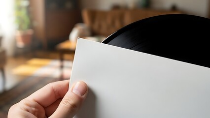A hand holds a vinyl record in its sleeve, with a blurred living room background.