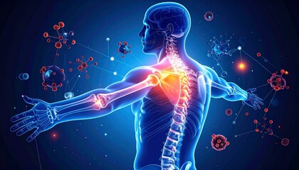 Digital illustration of human figure with glowing skeletal and muscular systems, red shoulder inflammation, and molecular structures.