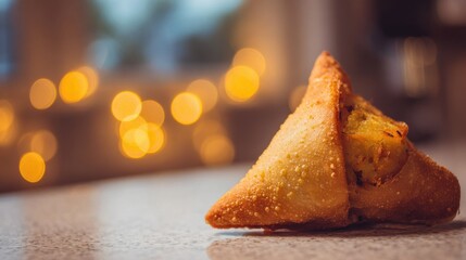 Golden Triangular Savory Pastry Filled with Spiced Potatoes and Peas Shallow Depth of Field Bokeh Lights Background