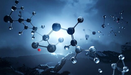 3D molecular network of glowing spheres and bonds on blue gradient background with light particles.