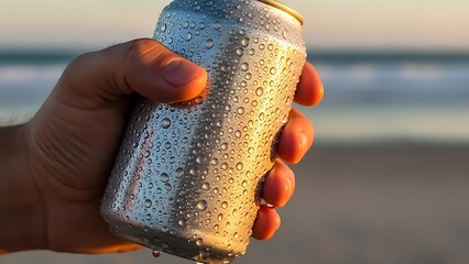 A person's hand holding a cold, aluminum beverage can near the ocean.