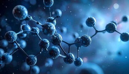3D molecular network of glowing spheres and bonds on blue gradient background with light particles.
