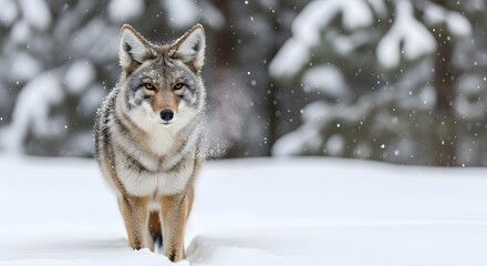 Naklejka premium A lone coyote pads quietly through fresh snow as soft flakes drift down around dark evergreens, its thick winter coat and focused gaze expressing resilience, stealth, and the harsh grace of northern w