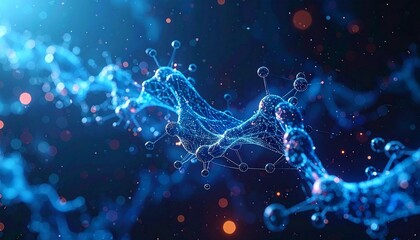 Glowing blue neural or molecular network with interconnected nodes and strands on dark background with orange highlights.