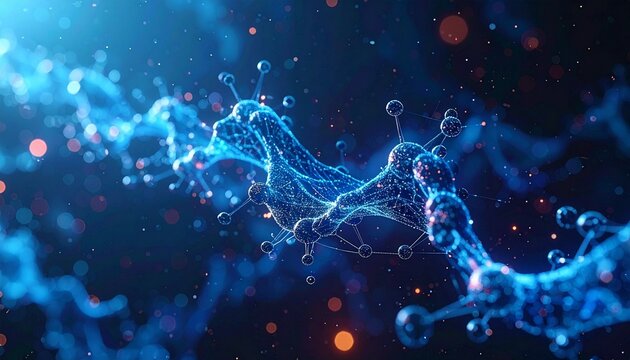 Glowing blue neural or molecular network with interconnected nodes and strands on dark background with orange highlights.