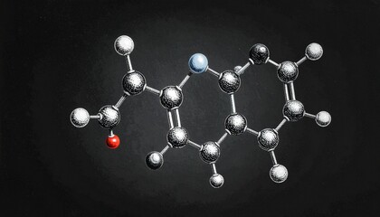 3D organic molecule with metallic shading, carbon-based branches, and symmetrical atomic structure.