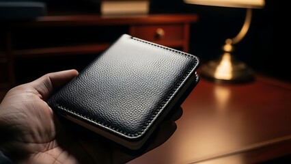 A person's hand holding a black leather wallet, illuminated by warm lighting.