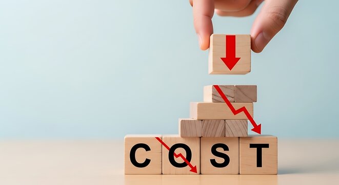 Hand placing wooden block with downward arrow on cost blocks suggesting cost reduction and financial challenges concept