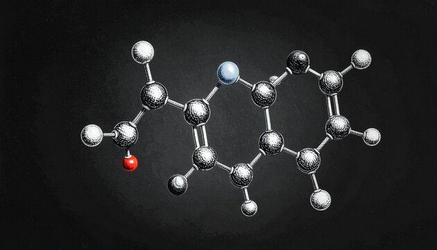 3D organic molecule with metallic shading, carbon-based branches, and symmetrical atomic structure. - Powered by Adobe