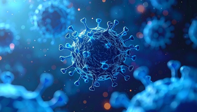 Magnified digital rendering of virus particles with glowing red-orange cores and spike-like protrusions on dark background.